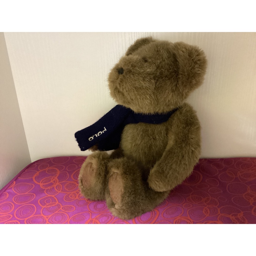 Vintage 2001 Ralph Lauren Polo Teddy Bear Set Brown Plush Navy Cream Scarves - Picture 2 of 7